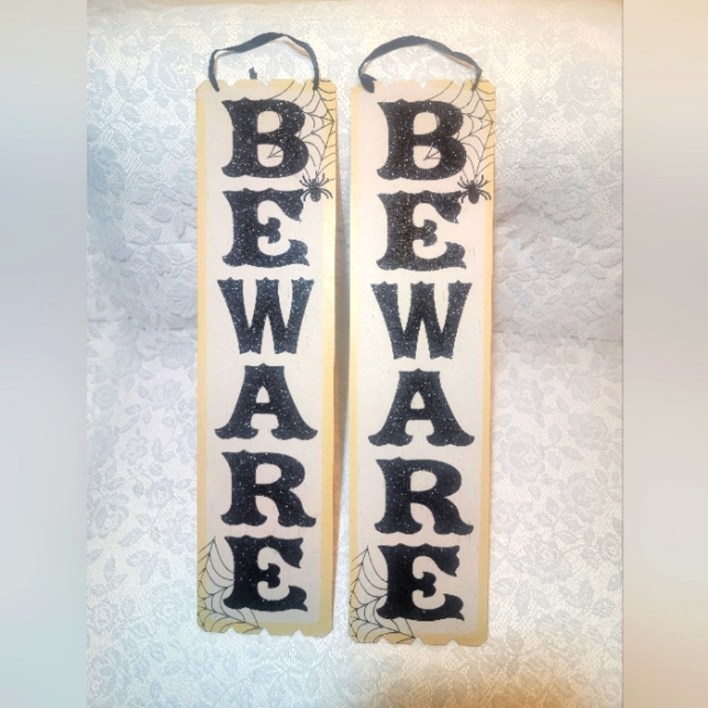 2 Black Glittered Halloween Outdoor Sign BEWARE Hanging Wall Decor
